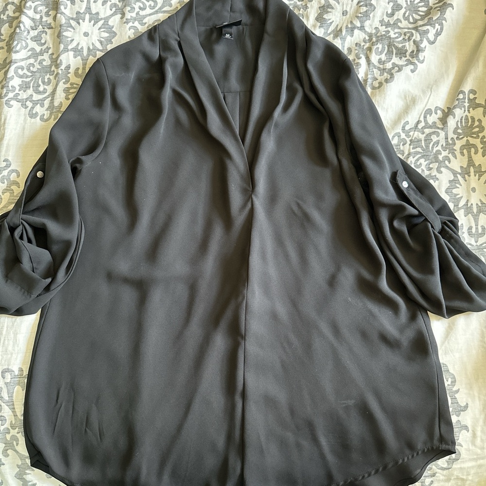 Black silk shirt with button up front and cuffed sleeves